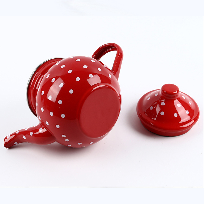 1L Red Small Spherical Enamel Teapot Red Polka-dot Enamel-bound Espresso Pot Turkish Coffee Pot