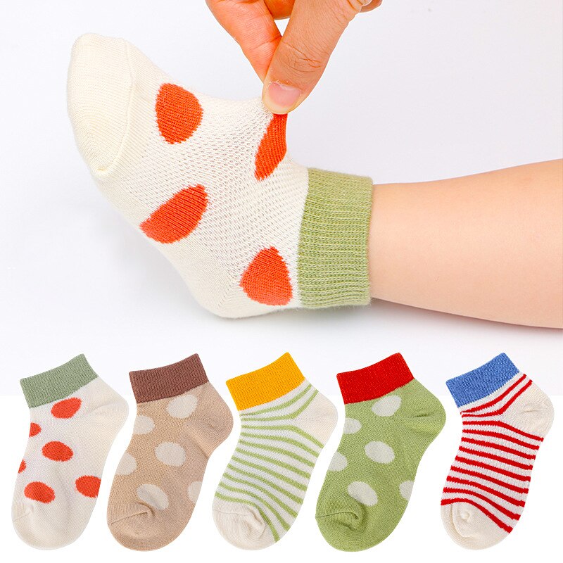 Calcetines de algodón para niños y niñas, medias finas y transpirables de malla, de verano, a rayas de puntos, de 1 a 12 años, 5 par/lote: B / 1-3 years
