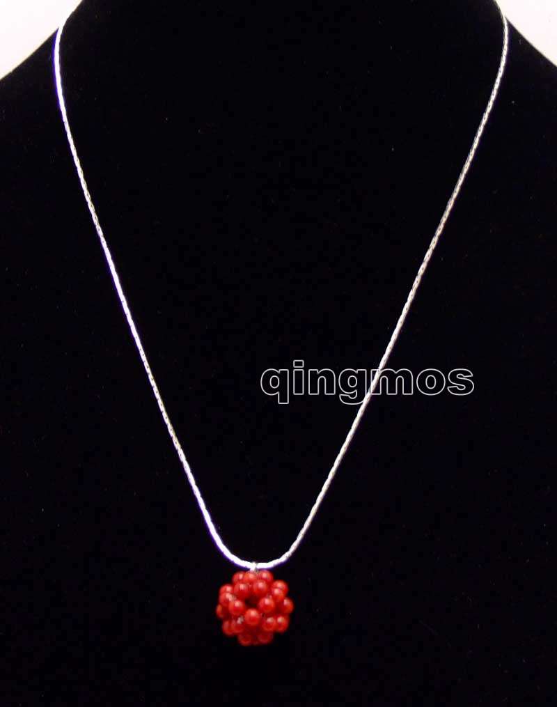 Grand 18-20mm rouge naturel 4-5mm corail travail manuel tissage pendentif boule ronde avec chaîne plaquée argent 17 ''Necklace-nec6202