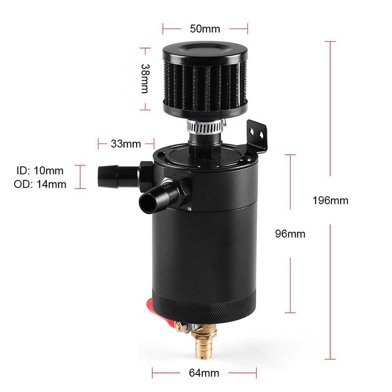 Universal Racing Baffled 2-Port Oil Catch Can Tank Reservoir + Drain Valve Breather Baffle