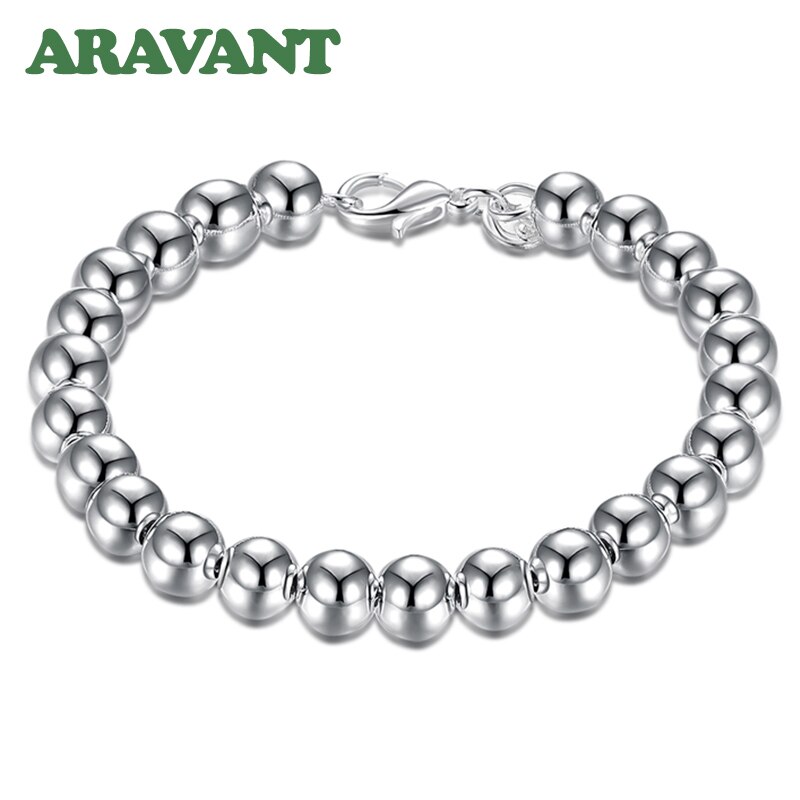 925 Silver 8MM Smooth Bead Bracelets Chains For Women Men Jewelry