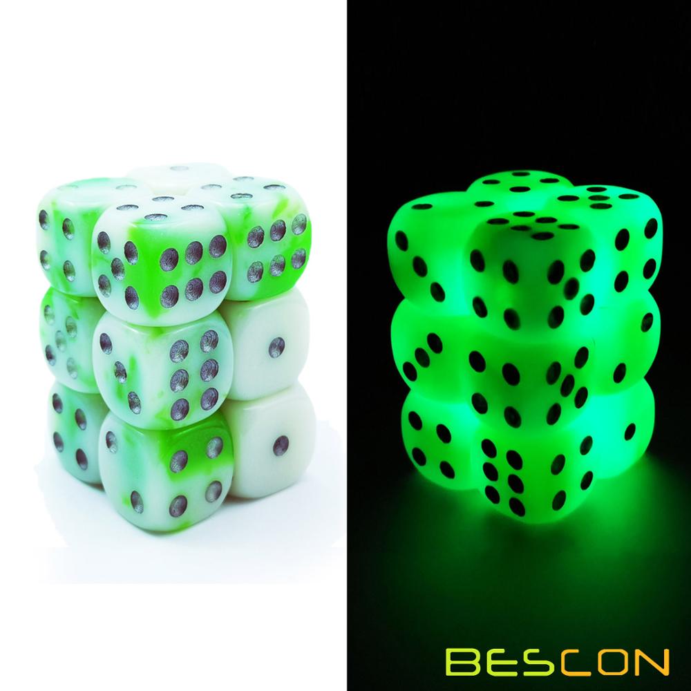 Bescon Twee Tone Glowing Dice D6 16 Mm 12 Stuks Set Lichtgevende Jade, 16 Mm Zes Zijdige Sterven (12) Blok Van Glowing Dice