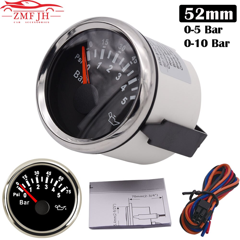 Manomètre universel de pression d'huile, 52mm 12V 24V, capteur de pression d'huile de moteur de voiture et de bateau, 0-5 Bar/0-10 Bar, M10