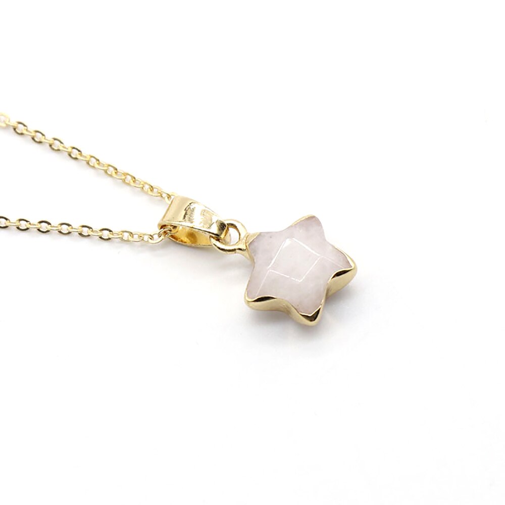 Natural Stone Rose Quartz Jade Gilt Pentagram Pendant Necklace Clavicle Chain For Jewelry MakingDIY Accessory Gem Charms Gift1PC: Rose Quartz