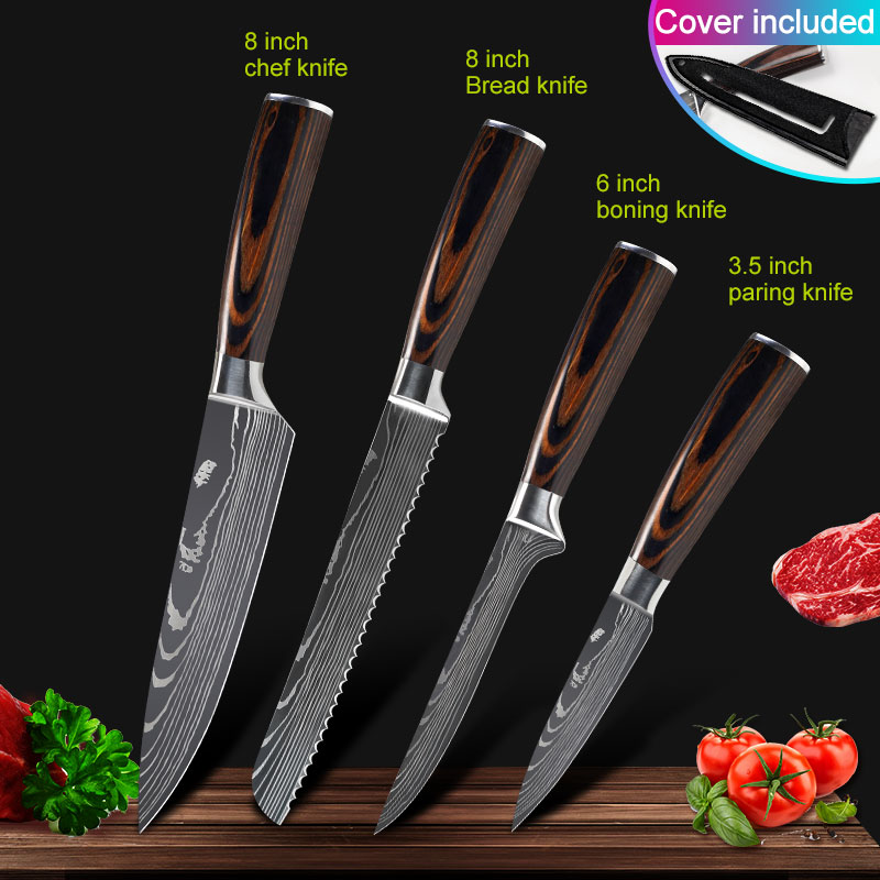 Köksknivar set kockknivar rostfritt stål imitation damaskus mönster santoku klyv skärning verktygsknivar: 4 st uppsättning b
