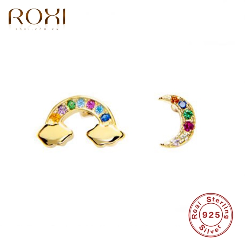ROXI Mini Rainbow Cloud Moon Crystals Stud Earrings for Women Girl Birthday 925 Sterling Silver Earrings Piercing Orecchini