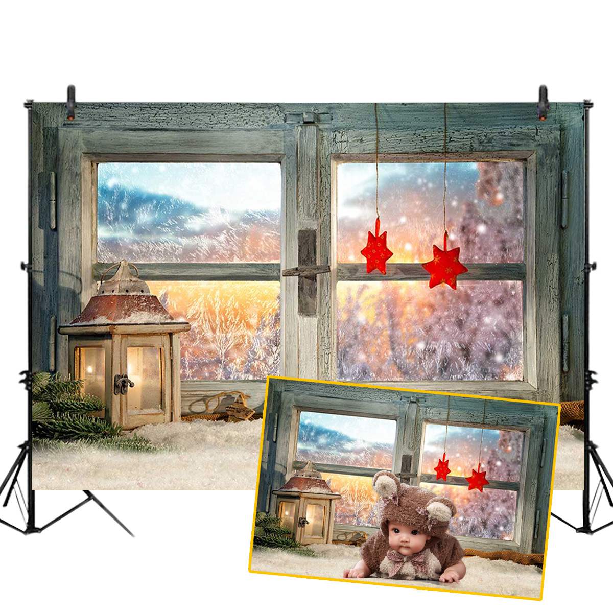 Winter Snowing Photography Background Forest Wood Wall Window Snowflake Stars Christmas Backdrop for Birthday Party Photo Studio