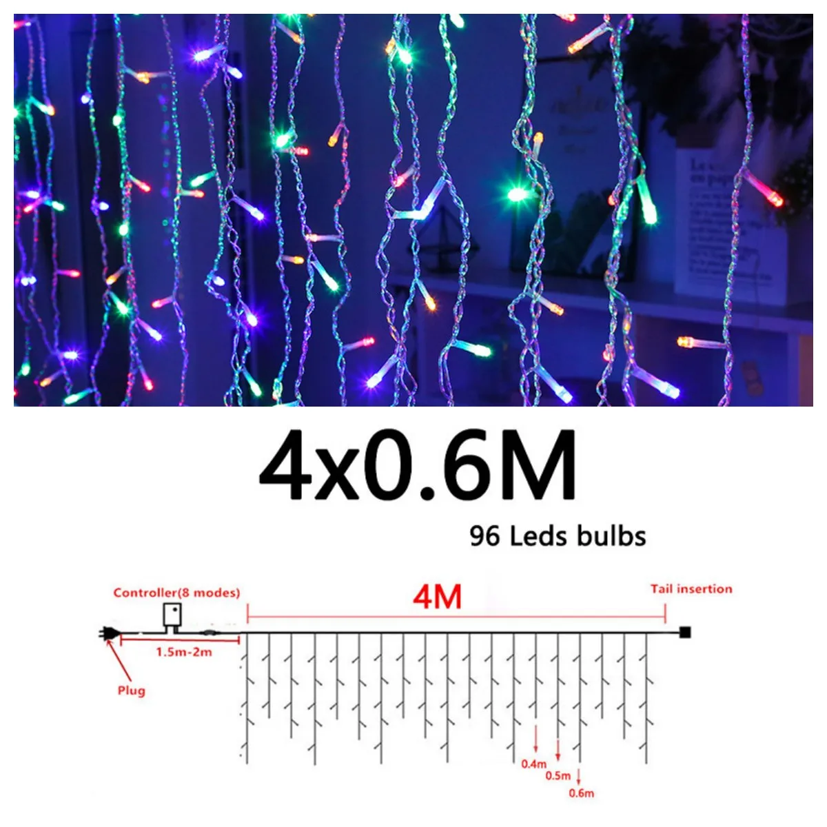 Julelysslynge led-girlander 4 x 0.6m lys til uteplass, julelys, utendørs, gate, bryllup, hagedekorasjon