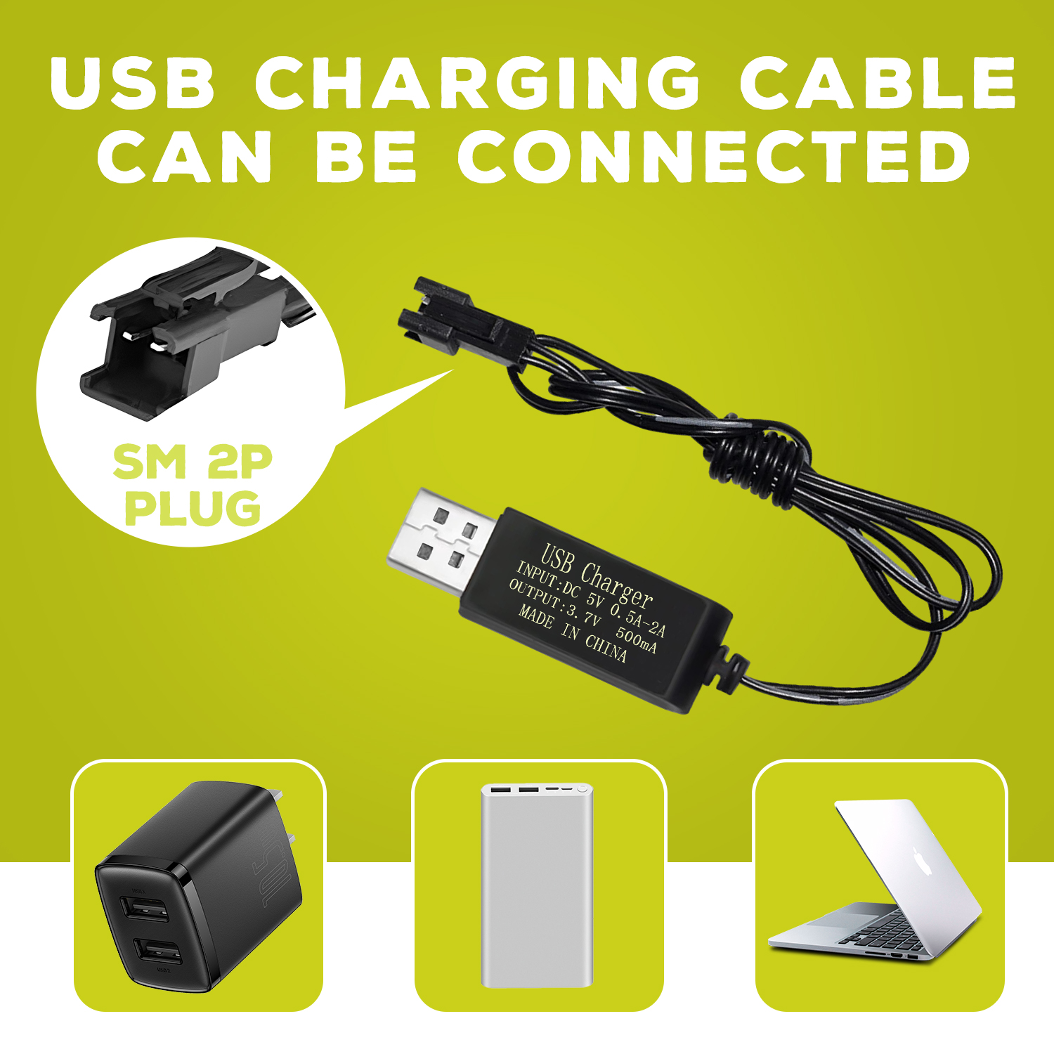 3.7V 1600mAh Li-ion Battery SM-2P Plug with USB Charging Cable for 9962 8837 RC Toy Car,Engineering Vehicle,Truck Backup Battery