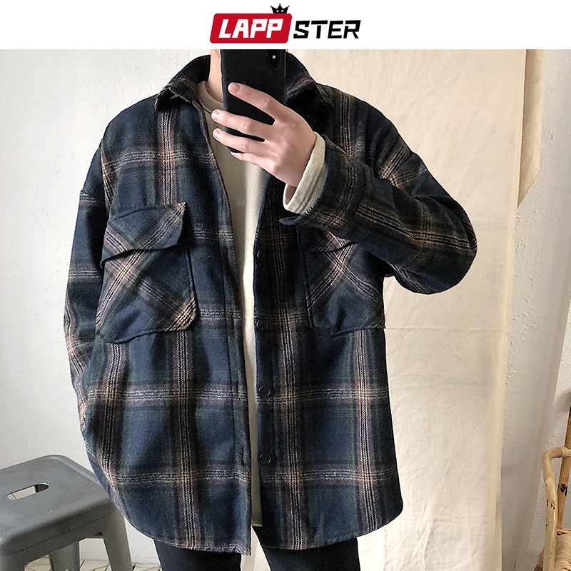 LAPPSTER hombres Harajuku franela a cuadros Camisas Casual hombres camisa con botones de manga larga otoño Streetwear Camisa de algodón de