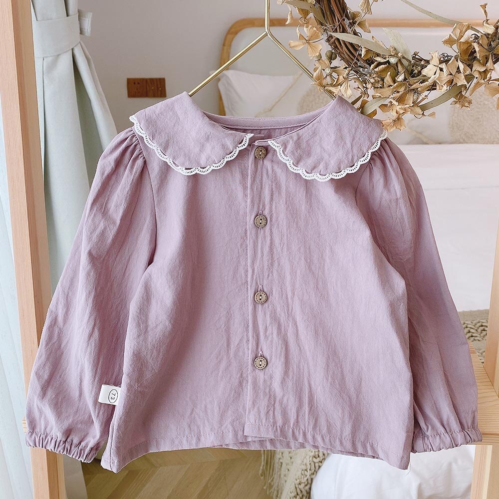 Cotton Baby Girls Tops And Blouses Solid Color Peter Pan Collar Baby Girl Fall Clothes Kids Long Sleeve Tops Tees Shirts: Purple  / 3T