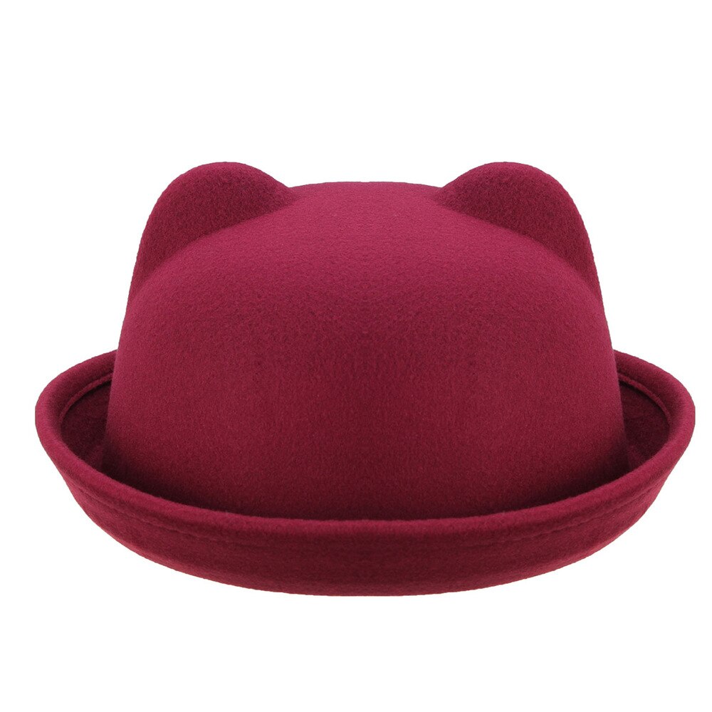 Girls Children Fedoras Hat Spring Bowler Hat Roll Brim Dome Top Hat Devil Horns Cat Ear Felt Wool Sun Hat Good Package 20: Wine Red