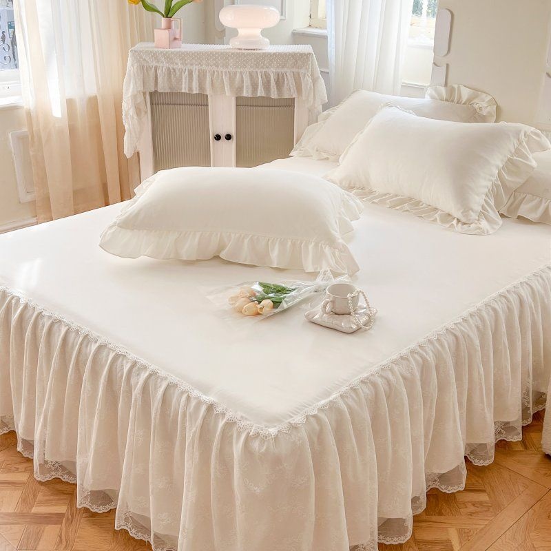 Kanten bedrok en kussensloop, bedomslag, bedsprei, laken, antislip, beschermend, beige, prinses, 3 stuks