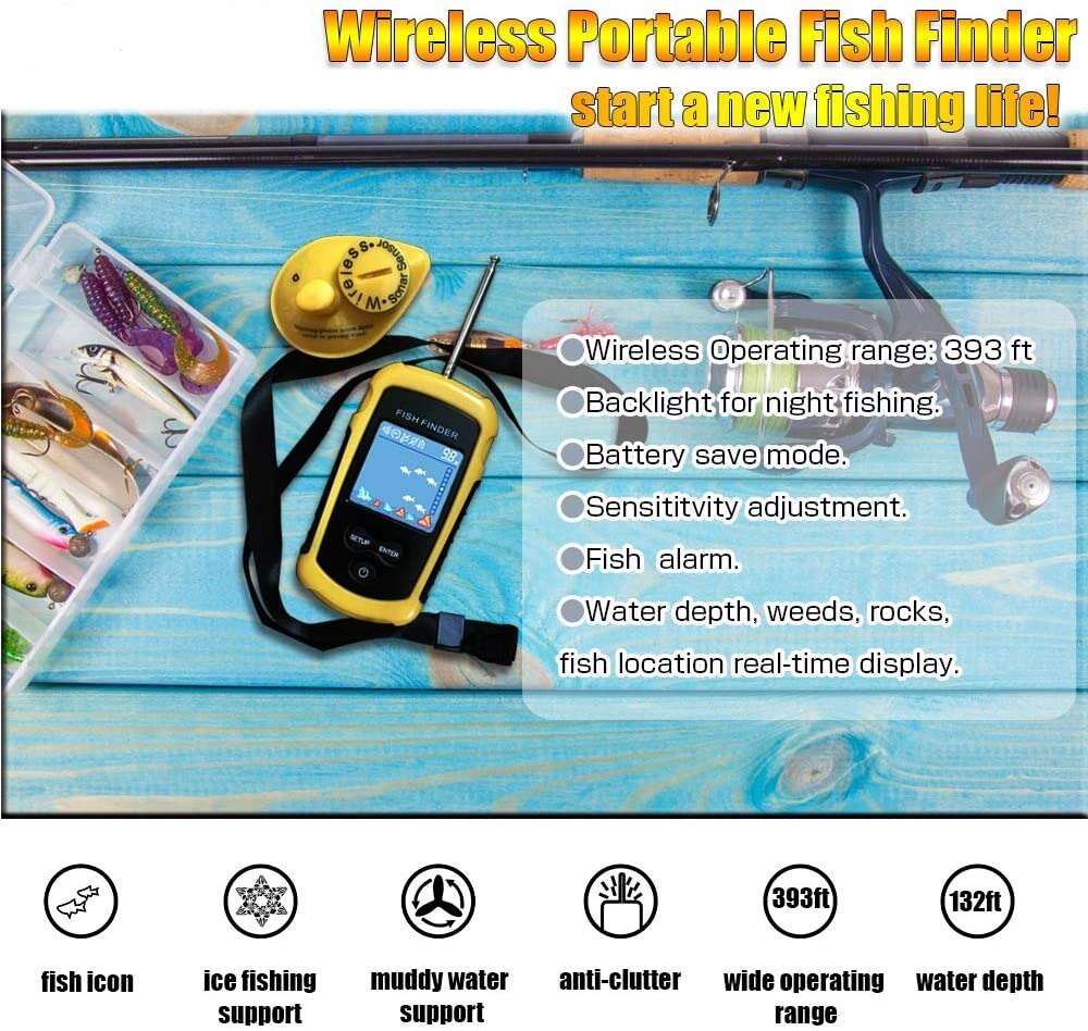 LUCKY FFCW1108-1 Sonar Fish Finder Wireless 120m Wireless Fishing Finder Alarm 40M/130FT Deeper Fishfinder for Shore Fishing