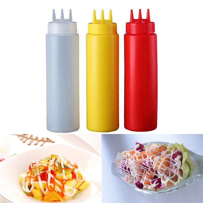 Food Grade 3 Gaten Twist Cap Plastic Squeeze Fles Ketchup Mosterd Mayo Sauzen Olijfolie Flessen Keuken Gadget