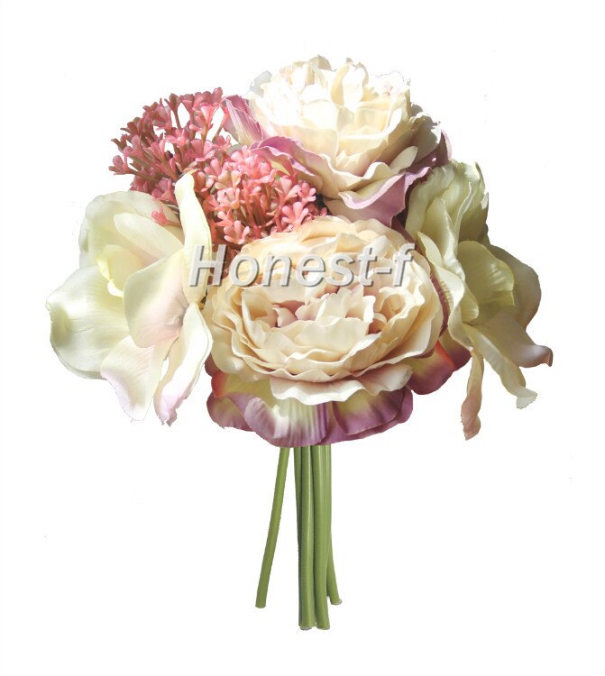 Kunstmatige pioenrozen zijden bloemen boeket, bruidsboeket (lichtpaars)