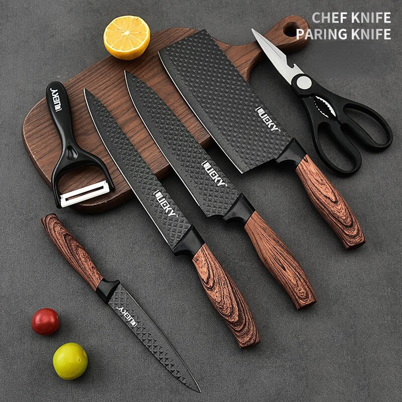 6-piece Set Kitchen Knife Set Double-layer Stainless Steel Utility Knife Wave Pattern Sharp Kitchen Knife Cleaver Steak Knife