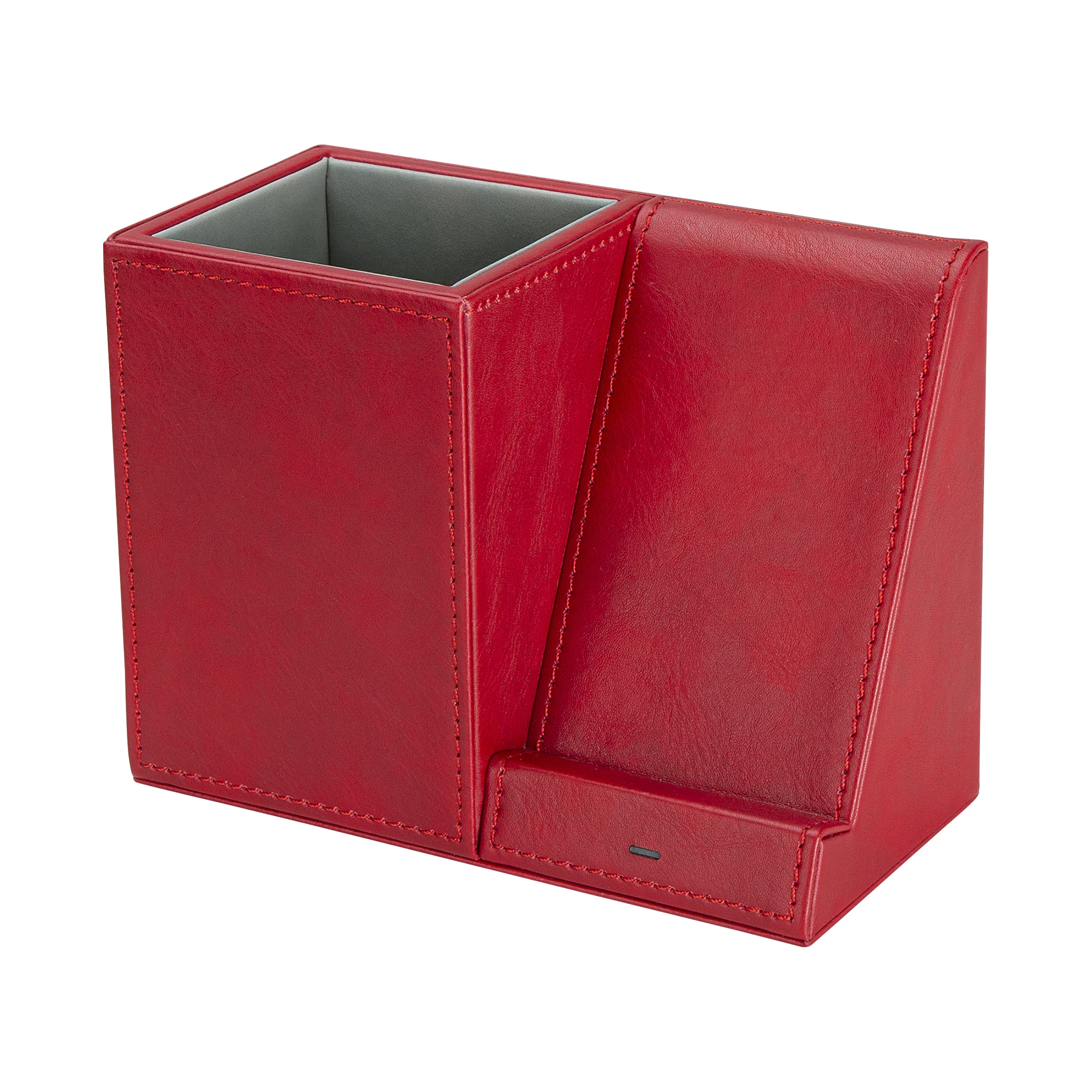 Leren pennenhouder voor op het bureau, draadloze oplaadstandaard voor je telefoon: Wit