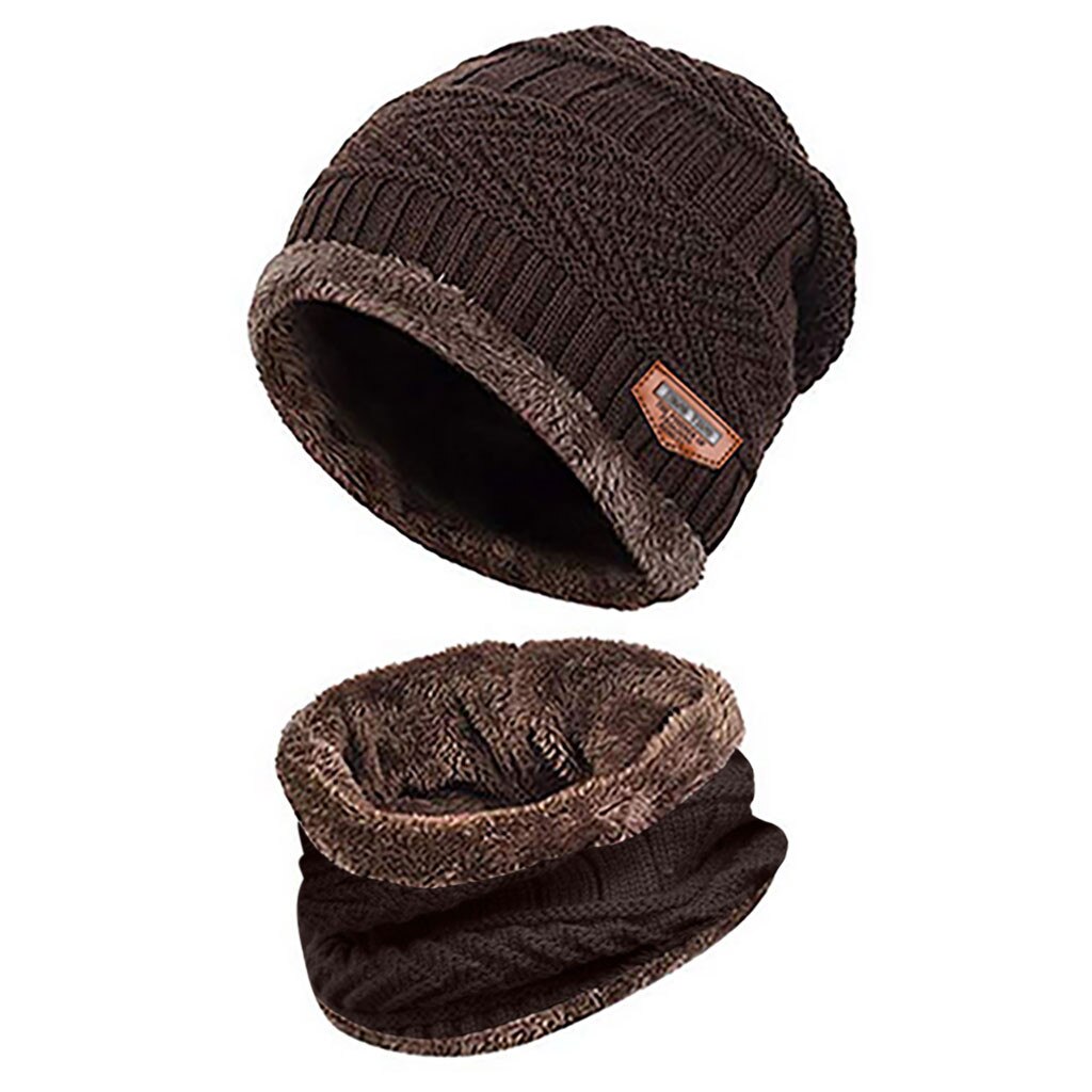 2pc Plus velours solide chapeau et écharpe deux pièces tricoté coupe-vent casquette hommes bonnet hiver épaissir chapeaux accessoires femme: Coffee 