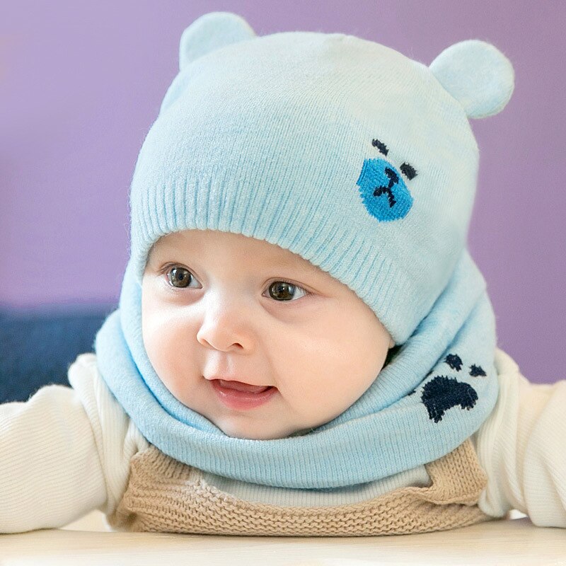 Baby Winter Caps Scarf Suits Warm Knitted Beanie Cap Cute Cartoon Bear Beanie KS