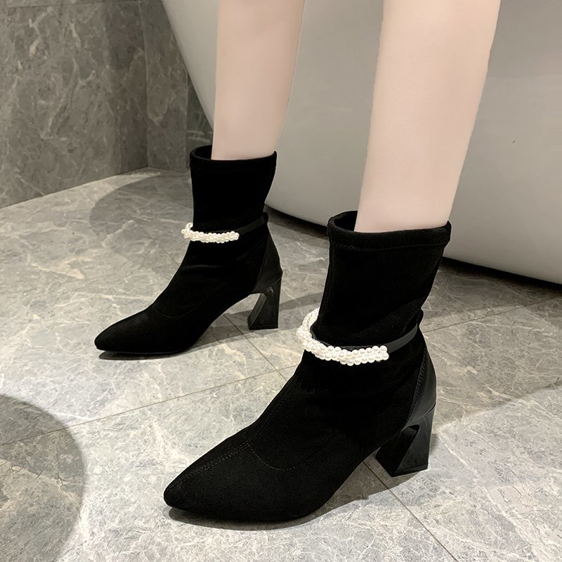 Herfst winter dames retro hoge hakken dames dikke hak mid-tube puntige parel antislip dames laarzen