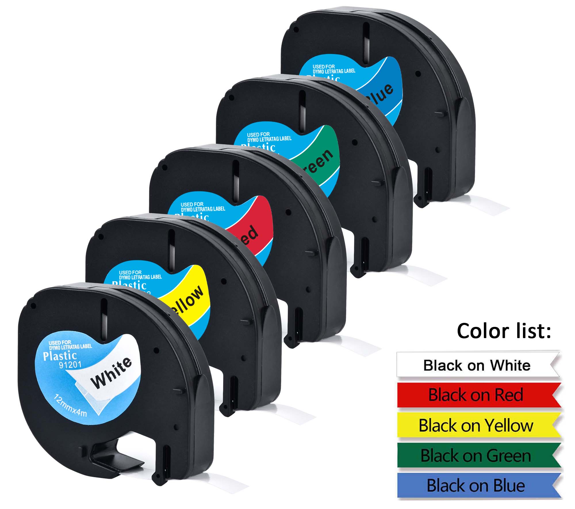 5pcs mixed color of 91201 91202 91203 91204 91205 labels 12mm dymo letratag 91201 91331 tape for LT-100H label maker: mixed color