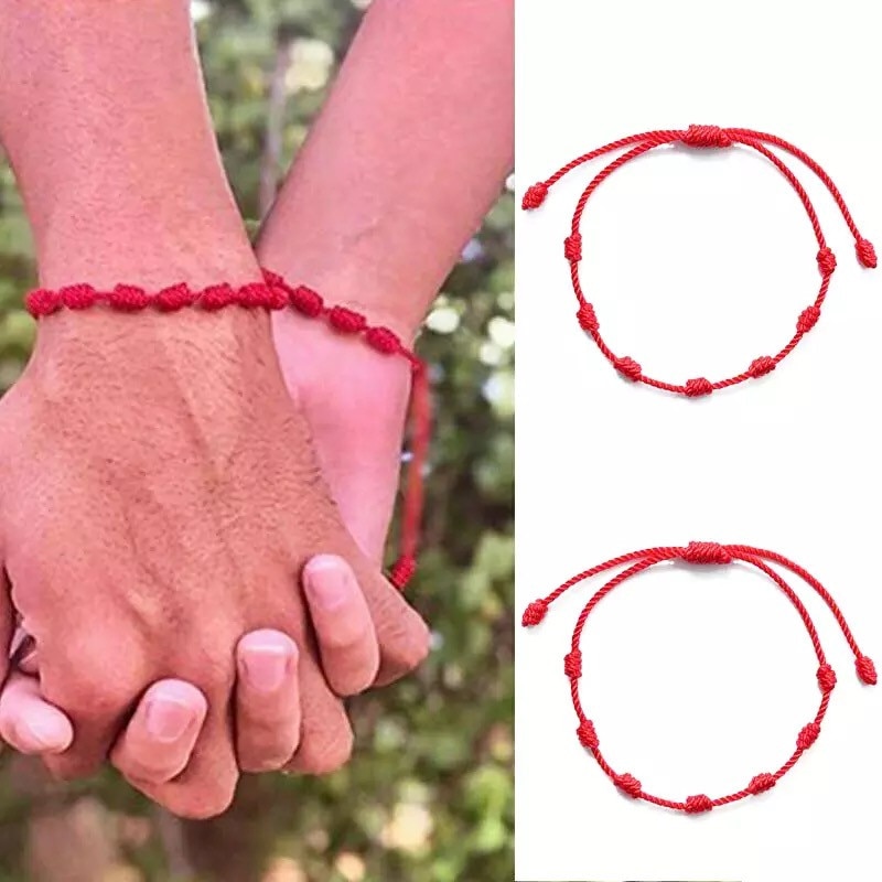 Pulseras de cuerda de 7 nudos hechas a mano, pulseras de cuerda roja con abalorios de mal de ojo, pulsera de Amistad tejida ajustable apilable