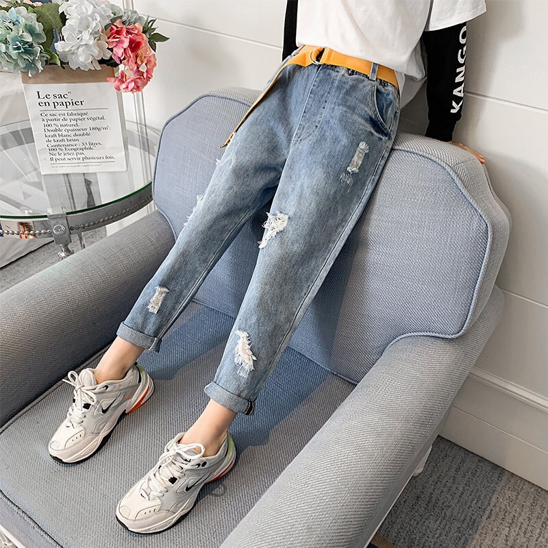 Children&#39;s Ripped Jeans for Girls Kids Casual Denim Trousers with Belt Teen Girl Pants For Age 4 5 7 9 11 13 Years