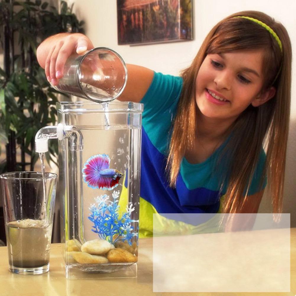 Self Cleaning Plastic Fish Tank Desktop Aquarium Betta Fishbowl for Office Home Decor Pet Accessories Tool: round fish tank