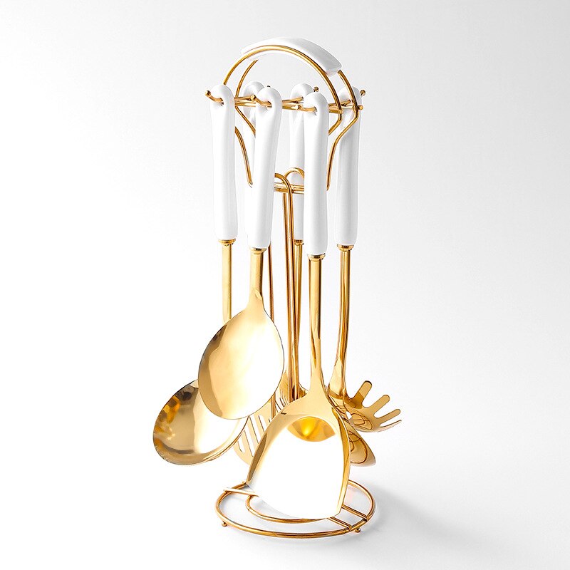 7PC Cookware Kitchenware Set Non-stick Luxury Stainless Steel Ceramic Handle Cooking Utensils Kitchen Tools Accessories: 7pcs White Gold