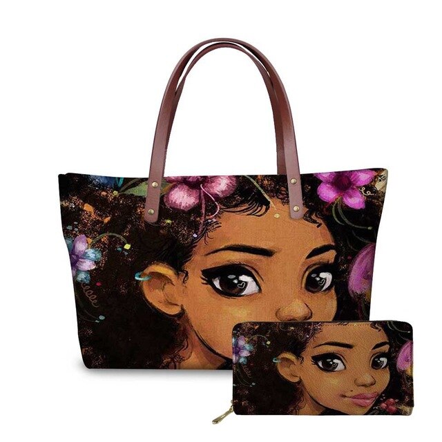 Custom mode 2pcs/set Women Handbags Black Art African Girl Printing Hand Bag&Wallets Ladies Ethnic Top-Handle Bags Females Bolsa: style9