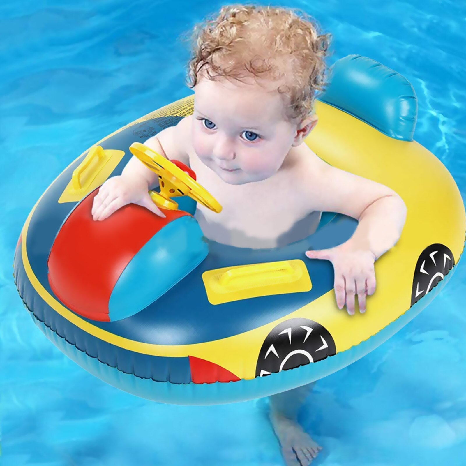 Asiento inflable de coche de dibujos animados para niños, flotador de anillo de natación con asas para volante, piscina tina de baño