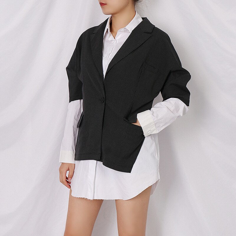 SuperAen de otoño , Chaqueta de algodón a rayas blancas y negras de retazos de colores contrastantes, blusa de mujer