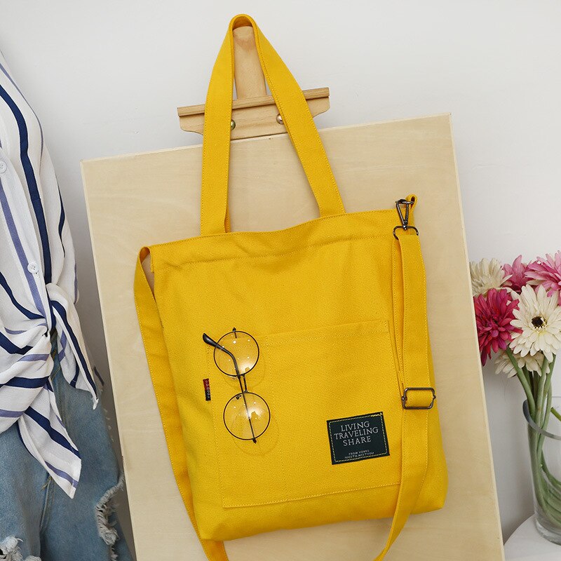 Solid Color Canvas Bag for Female Korean Style Big Capacity Single Shoulder Bags Woman Printing Pocket Bag Cheap Totes: Yellow B