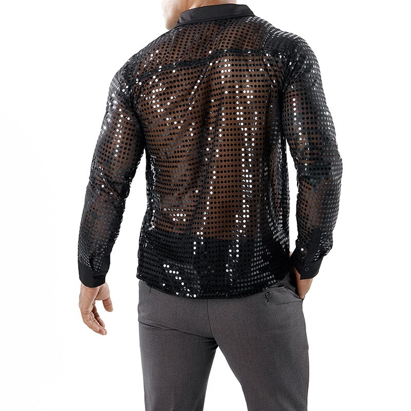 Discothèque sexy paillettes hommes chemise évider punk blouse décontractée chanteur scène costume homme or noir chemise à manches longues