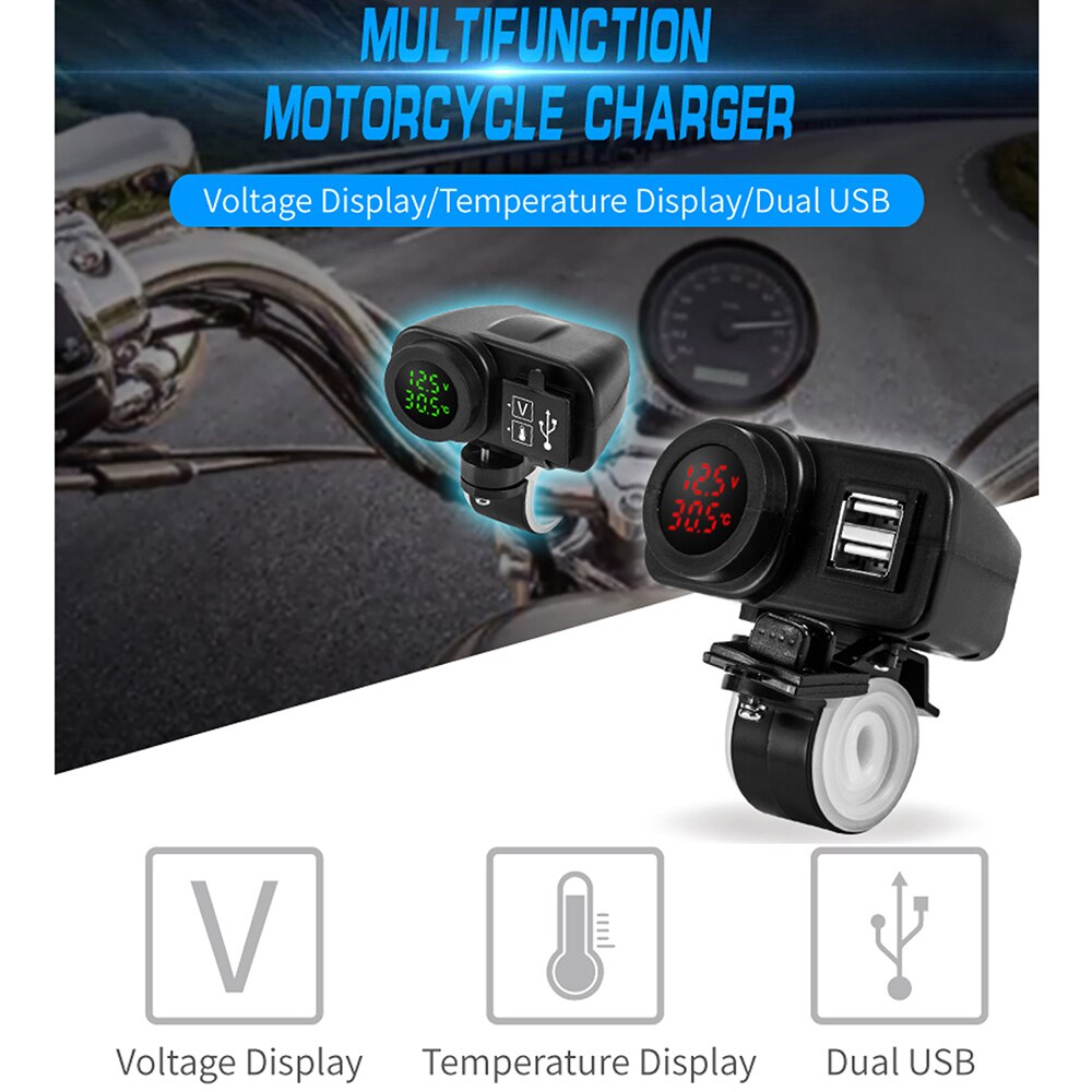 Motorcycle Dual Usb Charger 12V 4.2A Moto 2.1A + 2.1A 12V Naar 5V 15W Usb lader Met Led Display Sockets Aan-uit Schakelaar