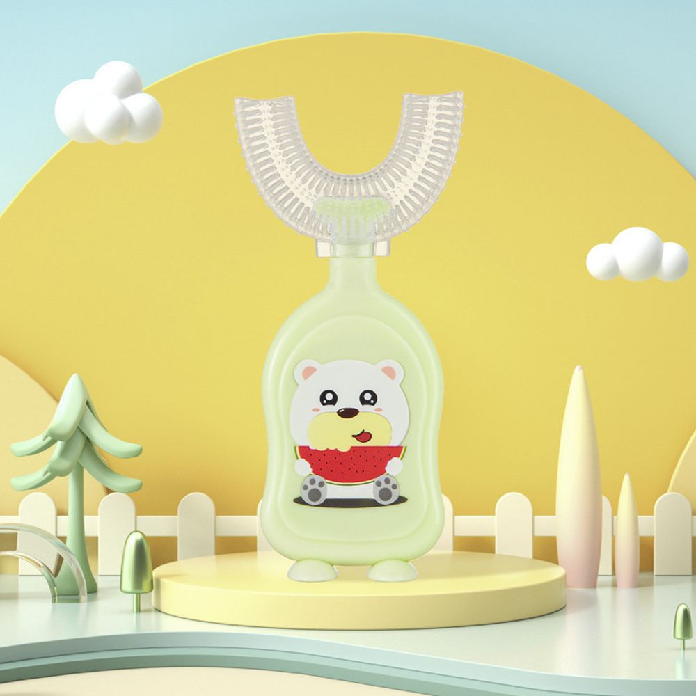 2-13 anni nuovo simpatico orso anatra bocca contenente tipo manuale a forma di U pulizia a 360 gradi massaggio spazzolino da denti in Silicone: green-Bear