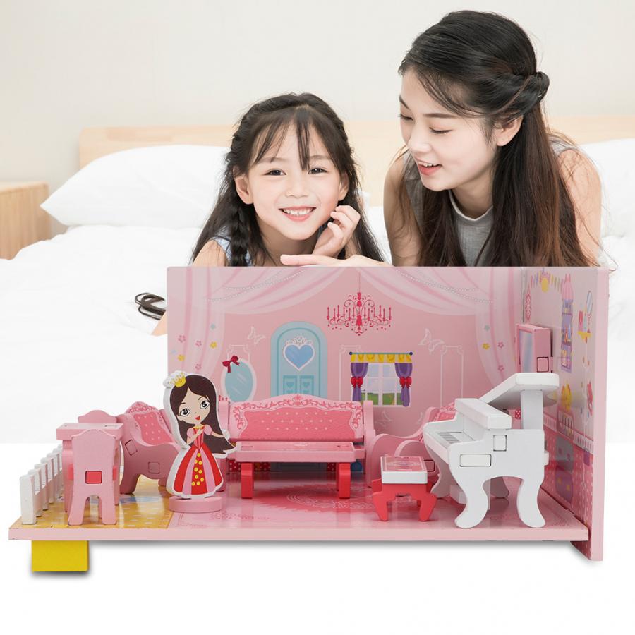 Kinderen Educatief Speelgoed 3D Houten Assembleren Woonkamer Kids DIY mini huis Voor Meisjes Miniatuur Meubelen Huis voor kind