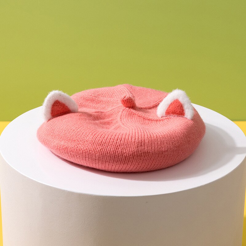 Béret de dessin animé pour enfants, chapeau tricoté avec oreilles de renard, Bonnet pour filles: watermelon red