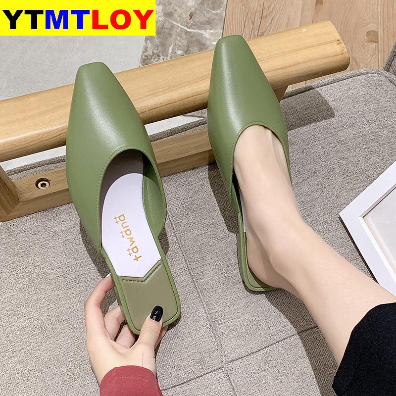 Sommarlägenheter mulor dam sandaler skärp slip on spetsig tå kvinnor utomhus skor kvinnor låga klackar ledig platt med dam sandaler
