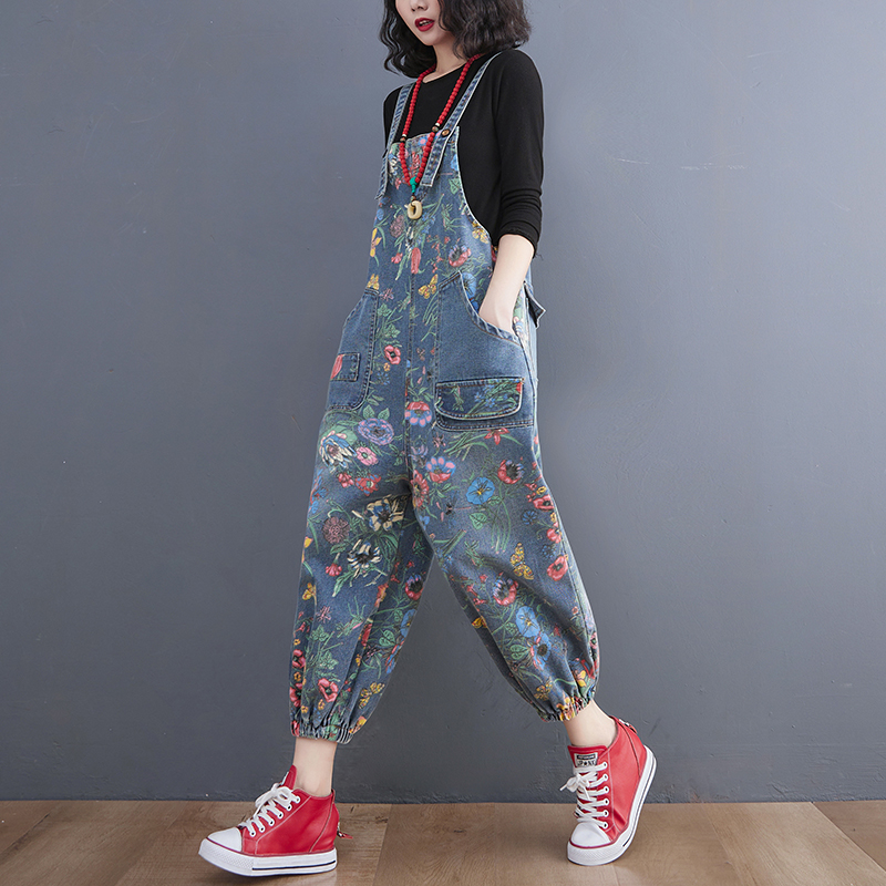 Streetwear-tryck blommiga denimoveraller för kvinnor dungarees axelband baggy sparkbyxor lösa jeans med vida ben jumpsuit