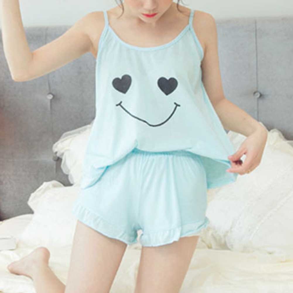 （Free ）Newly Women Girl Lady Sleeveless Nightgown Set Pajamas Sleepwear Summer Sling Comfortable For Home FIF66: blue / L