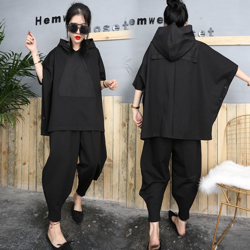 Black Hip Hop 2 Piece Set Autumn Oversized Tracksuit Hooded Tops + Harem Pants Women Suit Female Cloak Bat Shirt Clothing: XXL