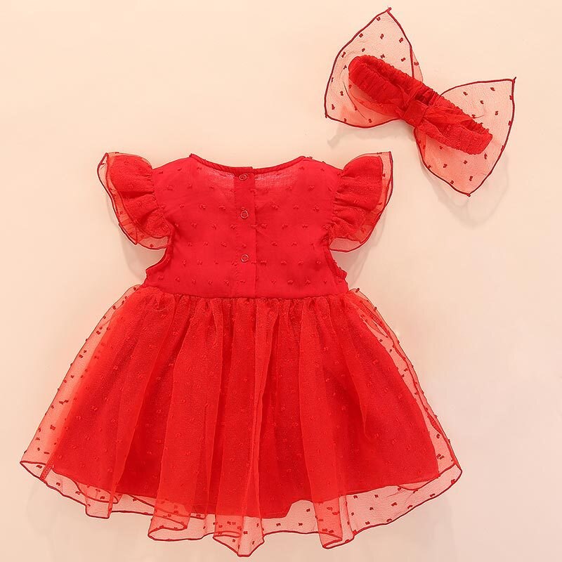 Abito per bambina appena nata + fiocco fascia posteriore bottone Design traspirante abito da principessa estate cotone manica corta fiori abiti: Red Suit / 59 ( 0-3M )