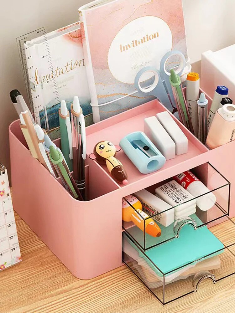 Organizer per penne 1PC con 2 cassetti Portapenne multifunzionale per supporto da scrivania Scatola di immagazzinaggio per scrivania Forniture per ufficio Tavolo da toeletta