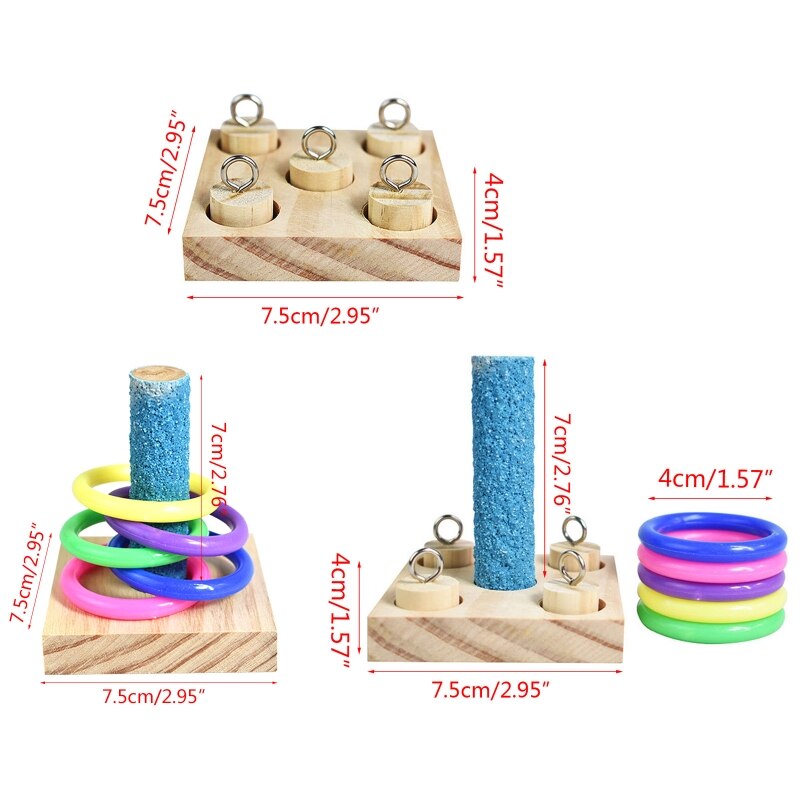 Dropshipping del giocattolo di puzzle di masticazione di addestramento di intelligenza degli anelli di plastica della piattaforma di legno del pappagallo degli uccelli