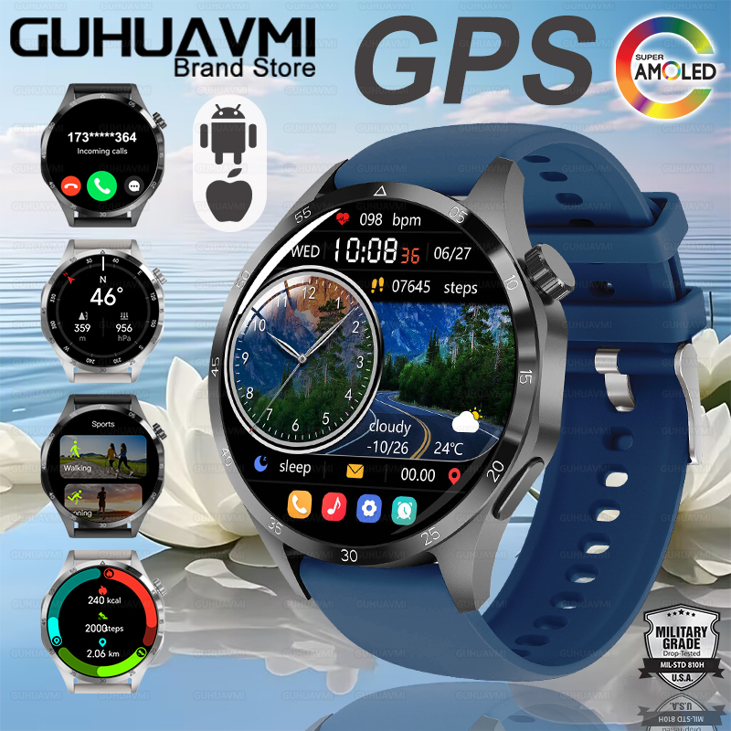 2025 tendências da moda novo gps relógio inteligente masculino freqüência cardíaca amoled nfc ip68 à prova dip68 água relógios esportivos bluetooth chamada twatch para huawei: Vermelho
