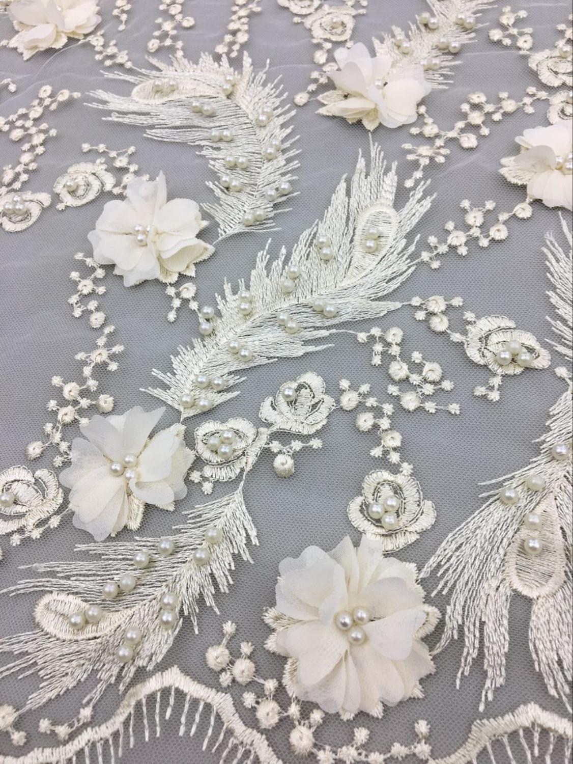 Tecido de renda 3d flor com pérola, artesanal, tecido de renda para vestido de noiva e noite, recém-nascidos, frisados, tecido de renda