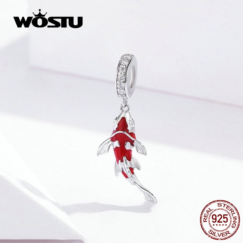 WOSTU Lucky Carp Dangle Charm 925 Sterling Silver Red Enamel CZ Beads Fit Original Bracelet Pendant Silver 925 Jewelry CTC085