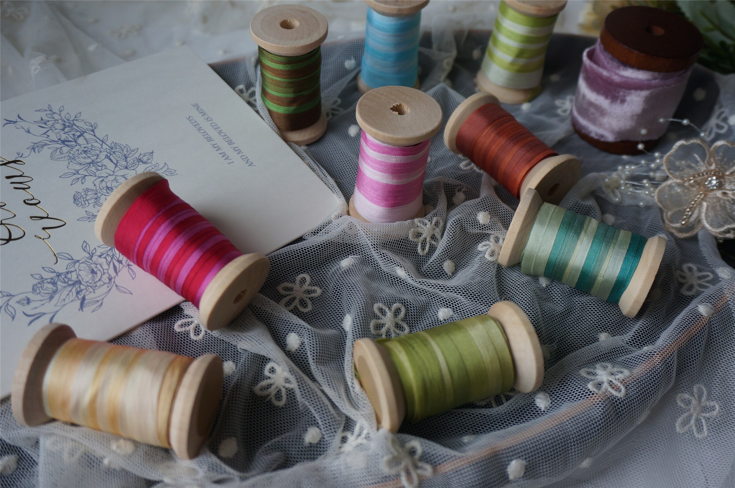 10mm bonte houten spoelen zijden borduurlint dun taft zijden lint fotografie styling lint handwerk